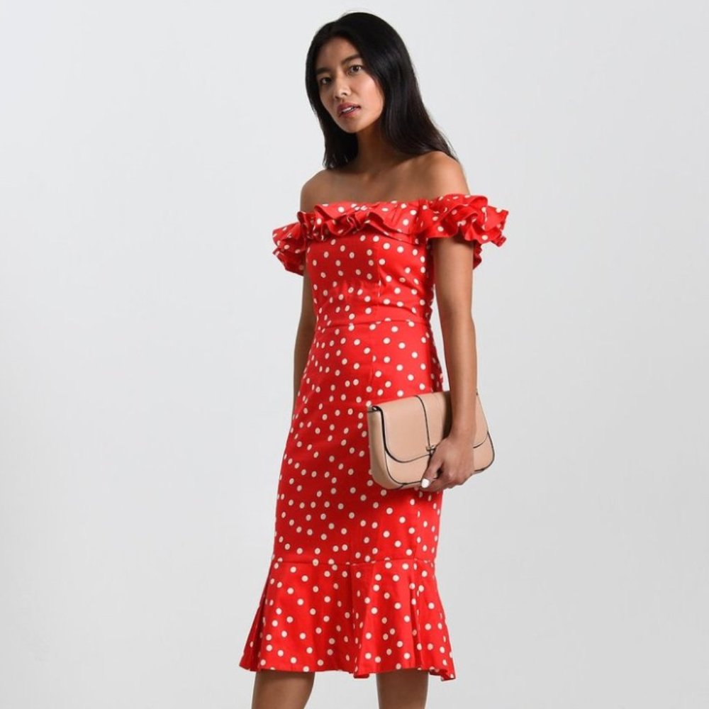 Red Polka Dot Ruffle Midi Dress